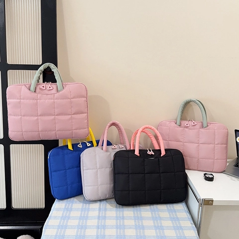 Gewatteerde Laptoptas Nylon Schokbestendige Hoes Contrast Handgreep Driehoekige Rits Casual Chique Handtas Voor Dames