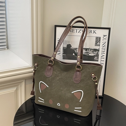 Borsa Tote Grande Capacità Pelle PU Opaca Design Gatto Cartone Animato Versatile Semplice Borsa A Spalla Da Donna Casual