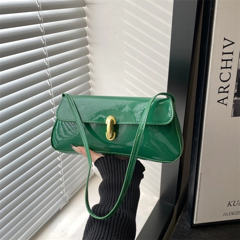 Baguette Underarm Bag Patent Leather Shiny PU Shoulder Handbag Vintage Minimalist Style For Women