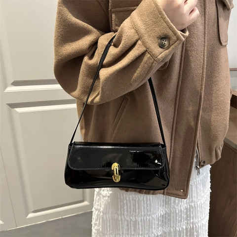 Baguette Underarm Bag Patent Leather Shiny PU Shoulder Handbag Vintage Minimalist Style For Women