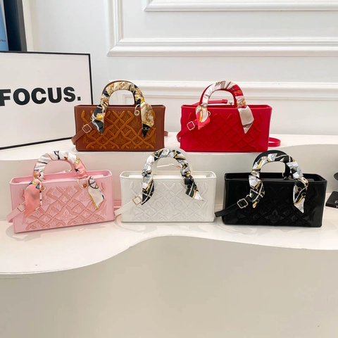 Embroidery PU Leather Crossbody Bag Women Fashion Handbag With Satin Scarf Wrap Handle Embossed Grid Retro Shoulder Bag