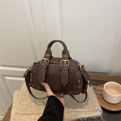 Women Retro PU Leather Boston Crossbody Bag With Rivets And Buckles Vintage Motorcycle Style Handbag Adjustable Strap