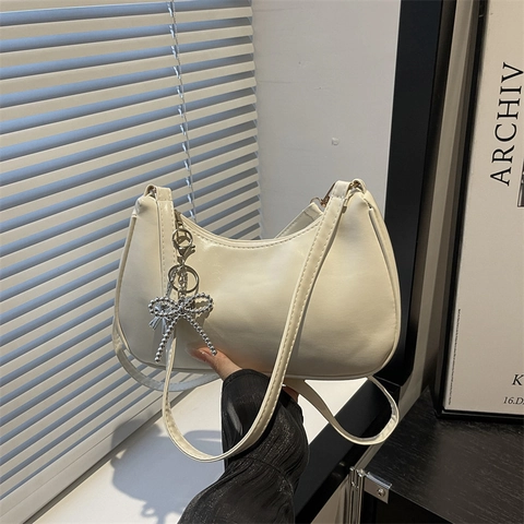 Women Underarm Bag Glossy PU Leather Hobo Baguette Bag With Bow Pendant Retro Solid Color Commuter Shoulder Bag