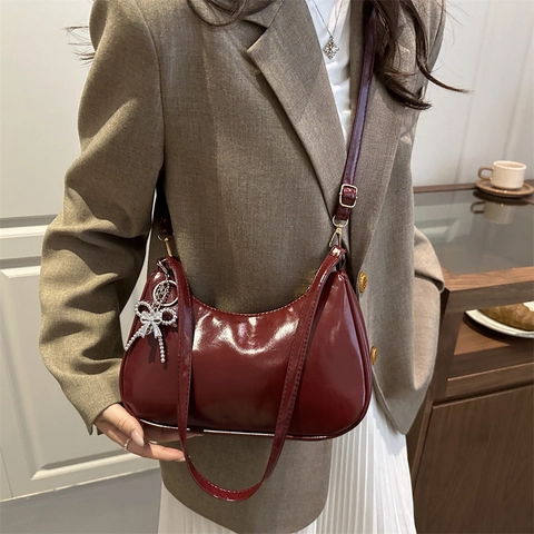 Women Underarm Bag Glossy PU Leather Hobo Baguette Bag With Bow Pendant Retro Solid Color Commuter Shoulder Bag