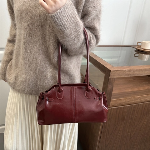 Vintage Underarm Bag Glossy PU Leather Large Capacity Retro Shoulder Handbag Zipper Minimalist Commuting