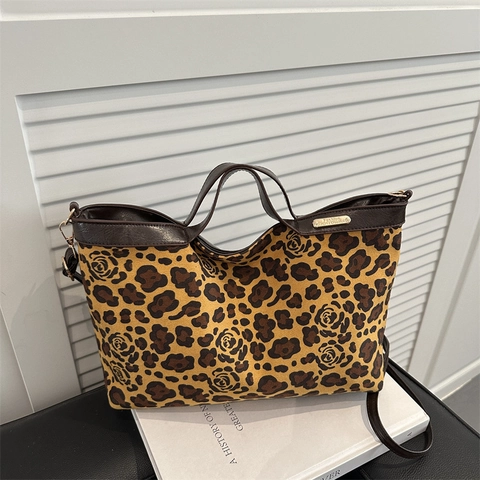 Vintage Luipaard Roos Print Tote Tas Grote Capaciteit PU Leren Trim Schouder Crossbody Handtas Voor Dames Dagelijks