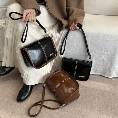 Dames Vintage PU Lederen Schoudertas Trendy Contrast Stiksels Kleine Vierkante Crossbody Tas Minimalistische Dagelijkse Tas