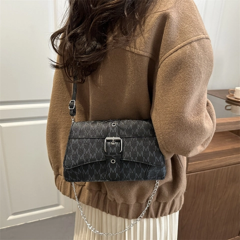 Retro PU Leather Women Crossbody Bag With M Letter Monogram Print Silver Chain Strap Elegant Vintage Shoulder Bag