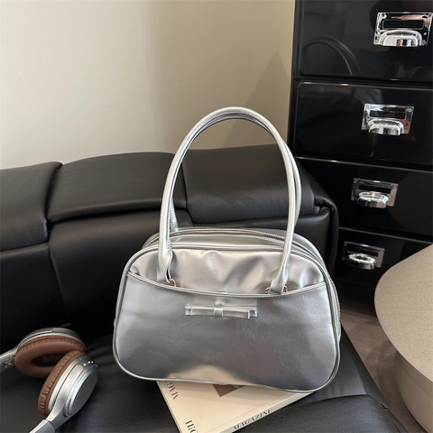 Vintage Women PU Leather Shoulder Bag Large Capacity Solid Color Underarm Handbag With Bowknot Decoration Chic Daily Bag