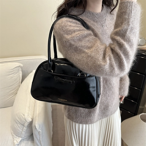 Glossy PU Leather Shoulder Bag For Women Vintage Bowknot Underarm Handbag Solid Color Daily Commute Boston Bag