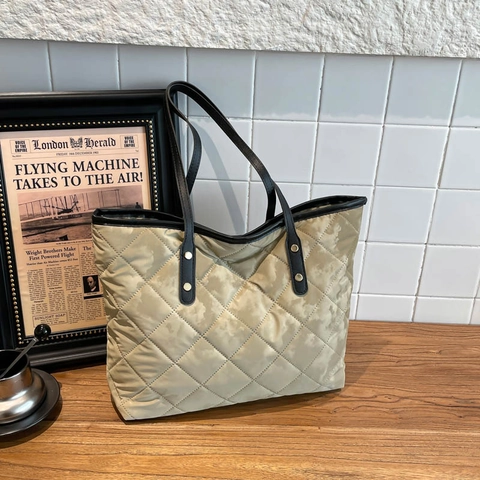 Borsa Tote Trapuntata Da Donna Pelle PU Grande Capacità Rombi Borsa A Tracolla Retro Casual Moda Versatile Quotidiana