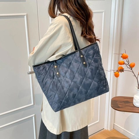 Borsa Tote Trapuntata Grande Capacità Motivo A Rombi Camouflage Borsa A Mano In Nylon Per Donna Ufficio