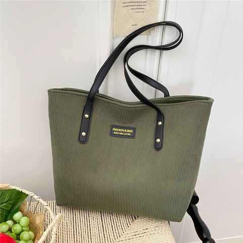 Corduroy Tote Bag Large Capacity Shoulder Handbag With PU Leather Straps Golden Rivets Retro Solid Color Women Commuting