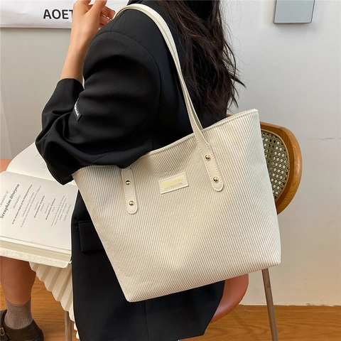 Corduroy Tote Bag Large Capacity Shoulder Handbag With PU Leather Straps Golden Rivets Retro Solid Color Women Commuting
