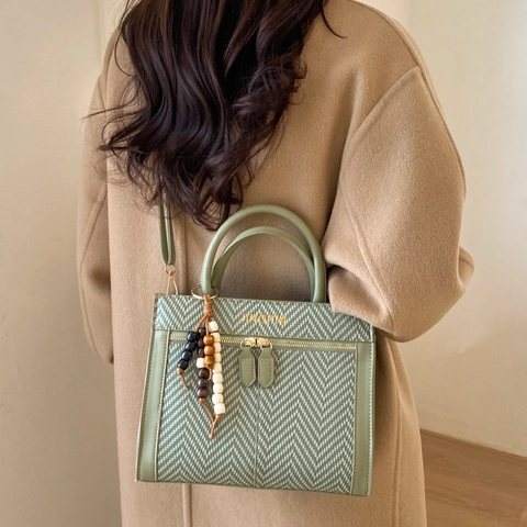Vintage Handbag Women Crossbody Bag PU Leather Herringbone Fabric Beaded Tassel Charm Minimalist Retro Daily Commuting