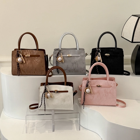 Vintage PU Leather Trapezoid Shoulder Bag For Women Minimalist Square Handbag With Baseball Charm Adjustable Strap Rotary Lock