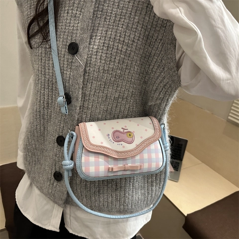 Borsa A Tracolla Dolce Pelle PU Pois Scacchi Fiocco Ricamo Mela Borsa A Spalla Quadrata Per Ragazze Donne