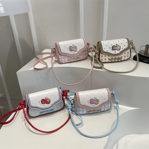 Schattige Appel Patchwork Schoudertas PU Leer Stippen Ruitjes Crossbody Tas Met Strik Decoratie Zoete Mode Kleine Vierkante Handtas