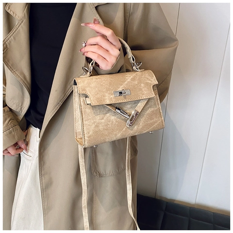 Women Retro PU Leather Small Square Top Handle Bag Commuting Shoulder Bag With Metal Lock Buckle Fashion Crossbody Bag