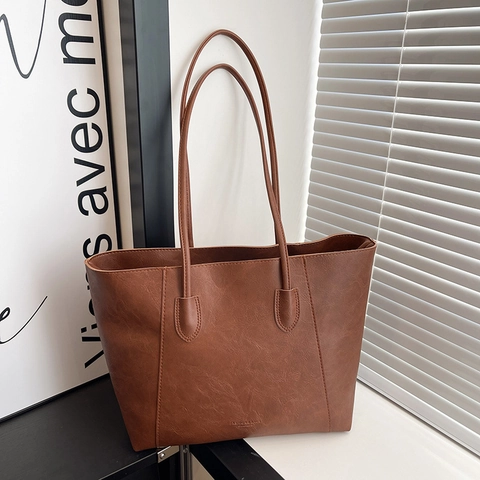 Bolso Tote De Gran Capacidad Para Mujer Cuero PU Texturizado Moda Simple Hombro Axila Bolso De Mano Correas Dobles