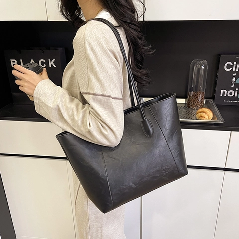 Bolso Tote De Gran Capacidad Para Mujer Cuero PU Texturizado Moda Simple Hombro Axila Bolso De Mano Correas Dobles