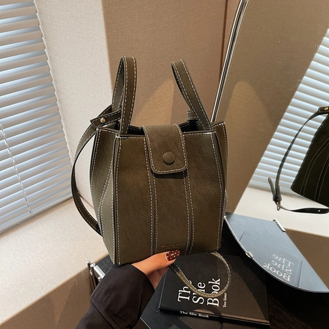 Bolso de Cubo de Cuero PU Vintage con Costuras de Contraste para Mujer Bolso de Hombro Retro Verde Bolso Moda Diario