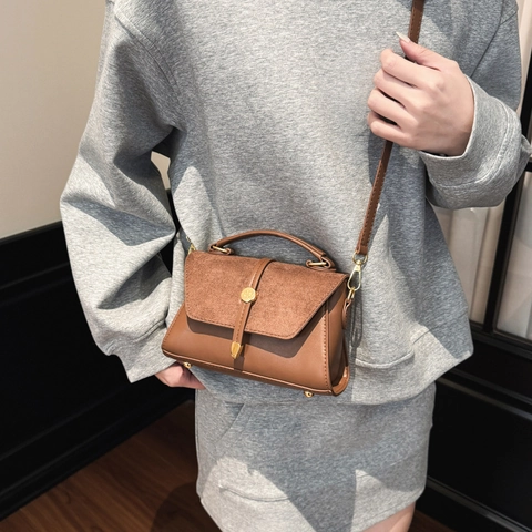 Women Retro Crossbody Bag PU Leather Suede Patchwork Handbag Gold Buckle Flap Top Handle Shoulder Bag Urban Minimalist