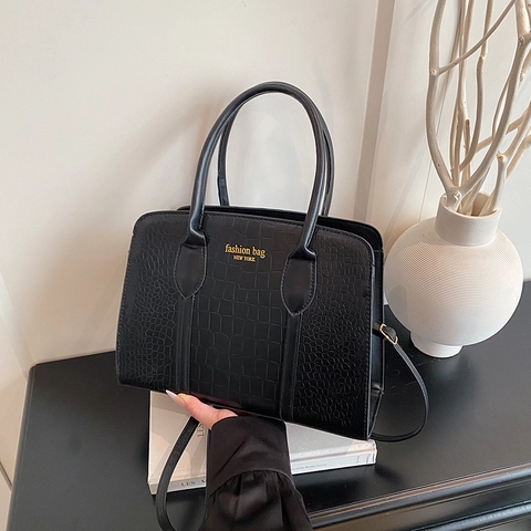 Women Crocodile Embossed PU Leather Boston Bag Large Capacity Top Handle Handbag Commuter Crossbody With Adjustable Strap