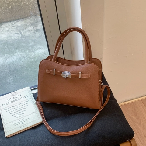 Women Litchi Pattern PU Leather Handbag Minimalist Crossbody Bag With Metal Lock Top Handle Retro Urban Square Shoulder Bag