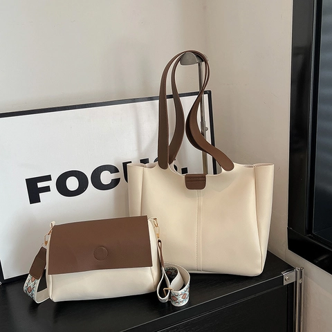 Handtassen Combinatie PU Leer Grote Tote En Crossbodytas Met Geometrische Geweven Riem Minimalistische Urbane Stijl Vrouwen
