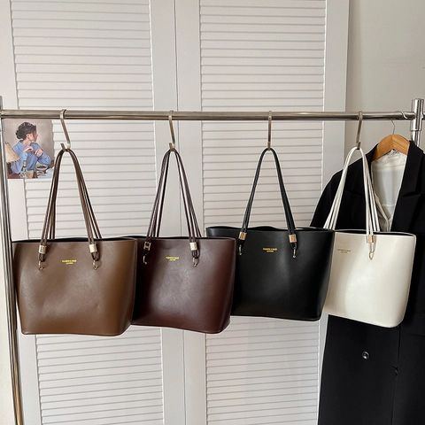 Large Capacity Tote Bag PU Leather Minimalist Shoulder Handbag For Women Commuter Vintage Style Solid Color Zipper Bag