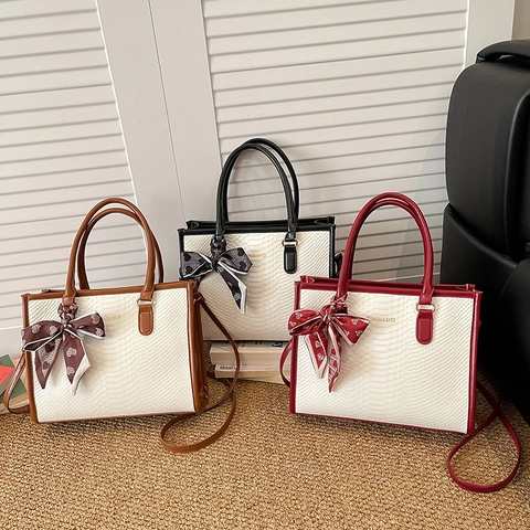 Women PU Leather Snake Pattern Tote Bag Large Capacity Crossbody Handbag With Scarf Decoration For Commuter Office Work Chic