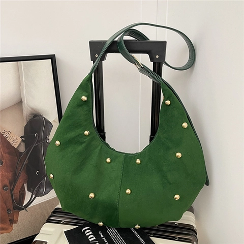 Vintage Hobo Tasche Aus Wildlederimitat Für Damen Mit Goldene Nieten Halbmond Unterarm Schulter Umhängetasche