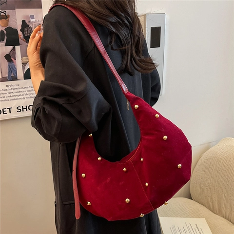 Vintage Hobo Tasche Aus Wildlederimitat Für Damen Mit Goldene Nieten Halbmond Unterarm Schulter Umhängetasche