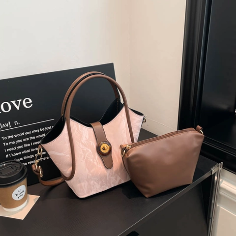 Borsa A Secchiello Da Donna Trama Increspata Borsa A Mano In Pelle PU Con Pochette Interna Borsa A Tracolla Retro