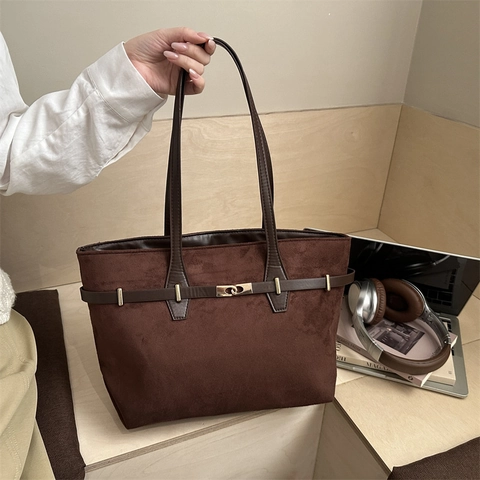Grote Dames Shopper Tas Van Mat Suède Imitatieleer Vintage Elegante Onderarm Schoudertas Met Gouden Metalen Sluiting