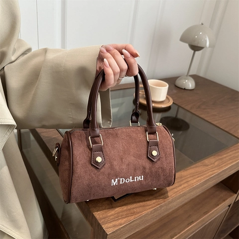 Damen Boston Zylinder Handtasche Matt Wildleder PU Leder Retro Umhängetasche Verstellbarer Riemen Vintage Street Style