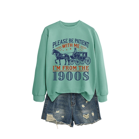 Women Vintage Carriage Graphic Sweatshirt Please Be Patient Funny Slogan Crewneck Long Sleeve Cotton Blend Casual Top