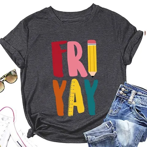 T-Shirt Femme Manches Courtes Col Rond Mélange Coton Fri Yay Fournitures Scolaires Graphique Haut Décontracté