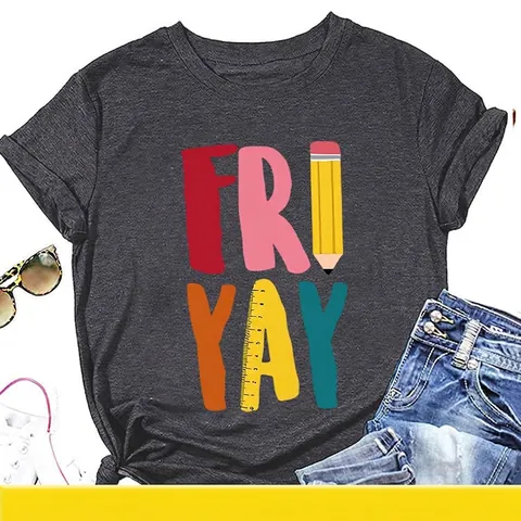 T-Shirt Donna Maniche Corte Girocollo Misto Cotone Fri Yay Forniture Scolastiche Grafica Top Casual