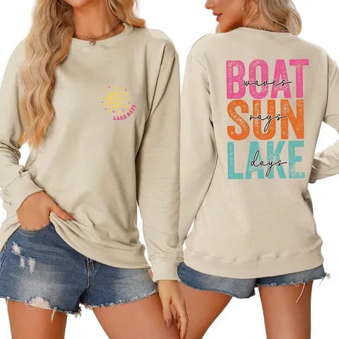Felpa Da Donna Girocollo Pullover Misto Cotone Poliestere Stampa Vintage Lago Sole Casual A Maniche Lunghe Top Ampio