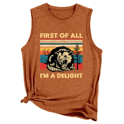 Women Tank Top Cotton Blend Sleeveless Opossum Graphic Retro Sunset Slogan Print Casual Summer Loose Vest