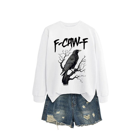 Felpa Donna Stampa Corvo Girocollo Manica Lunga Pullover Casual Misto Cotone Polsini A Costine Streetwear Top