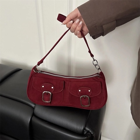 Borsa A Spalla Baguette Retrò Da Donna In Pelle Scamosciata Con Tasche Frontali Fibbie Metalliche E Catena