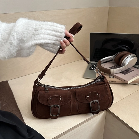 Borsa A Spalla Baguette Retrò Da Donna In Pelle Scamosciata Con Tasche Frontali Fibbie Metalliche E Catena