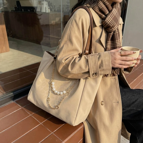 Bolso Tote De Cuero PU Para Mujer Gran Capacidad Cadena De Perlas Artificiales Asa De Color En Contraste Bolso De Mano Elegante Diario