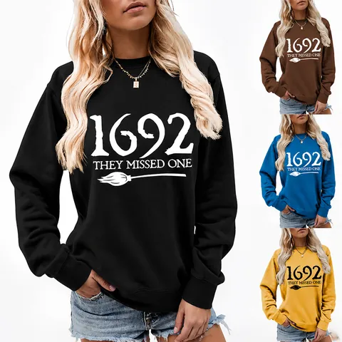 Women Sweatshirt Pullover Crewneck Long Sleeve Cotton Blend 1692 They Missed One Witch Broom Halloween Vintage Casual