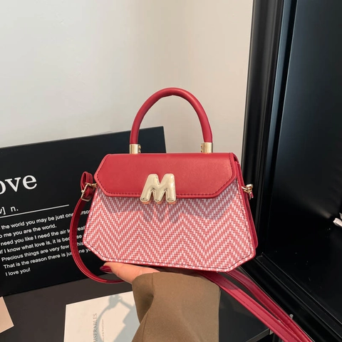 Borsa A Tracolla Da Donna Pelle PU Intrecciata Cuciture Lettera M In Metallo Dorato Colore A Contrasto Borsa Quadrata