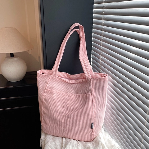 Women Corduroy Tote Bag Large Capacity Retro Shoulder Handbag With Front Pocket For Student Commute Minimalist Solid Color