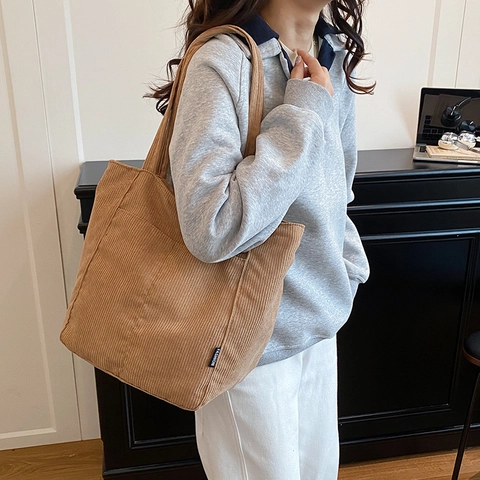 Women Corduroy Tote Bag Large Capacity Retro Shoulder Handbag With Front Pocket For Student Commute Minimalist Solid Color